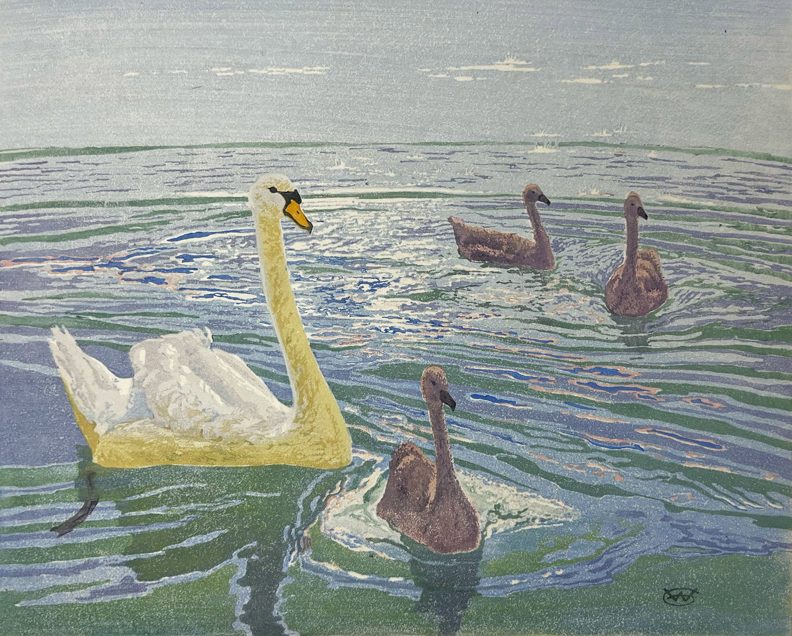 William Giles "Swan and Cygnets": 1911. Woodcut printed in colors, edition 50. Plate: 12 x 15 inches. Sheet: 14.75 x 17.75 inches. Signed lower right.