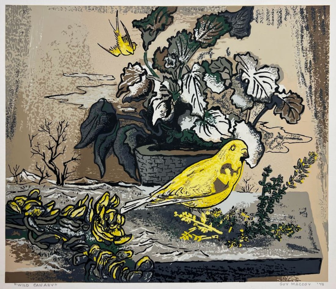 Guy Maccoy "Wild Canary": 1948, Color serigraph. Titled lower left, signed and dated lower right. Plate: 11 x 14 inches. Sheet: 13 x 17.25 inches