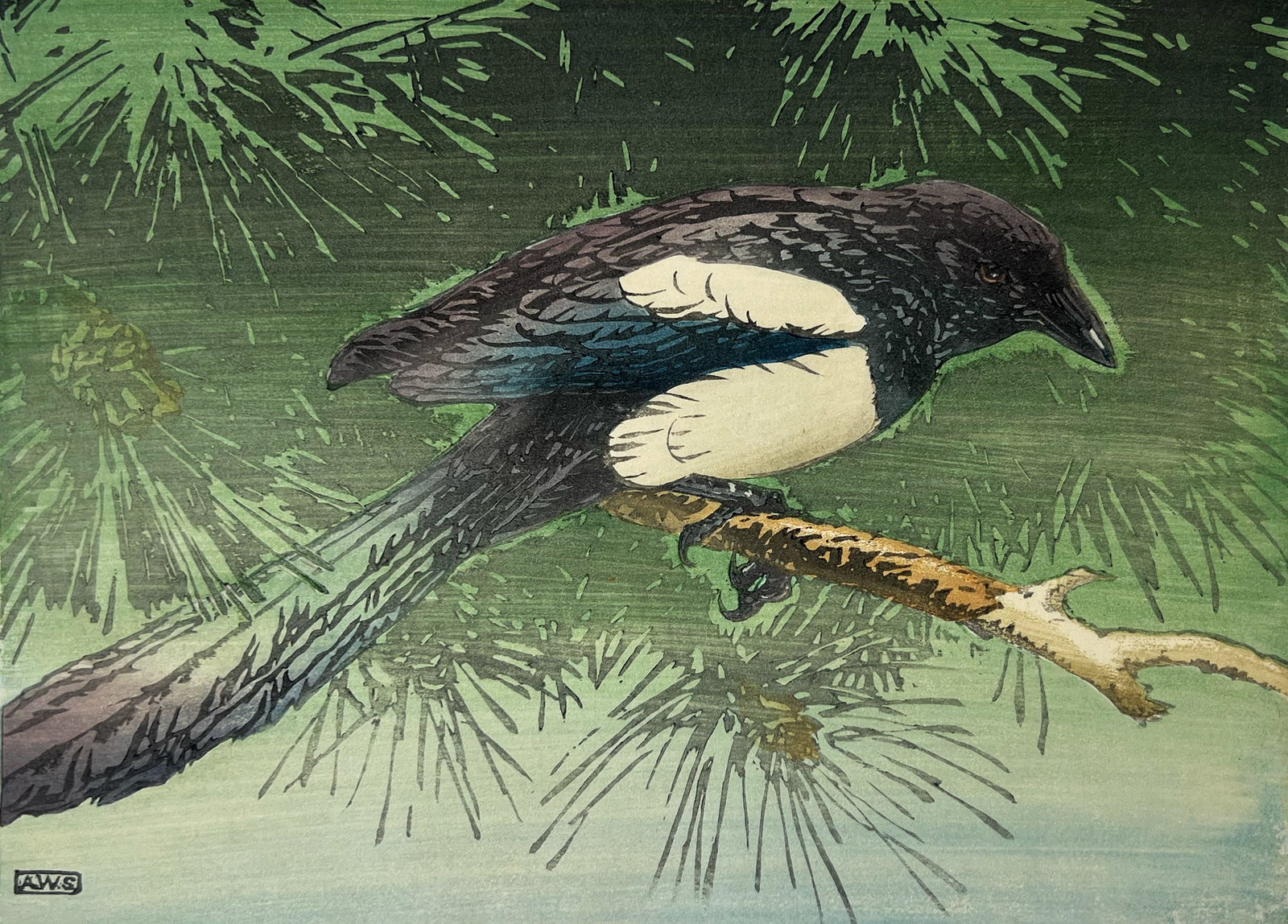 Allen Seaby "Magpie": Color woodcut. Plate: 8.5 x 12 inches. Sheet: 9.75 x 13.75 inches. Signed lower right.