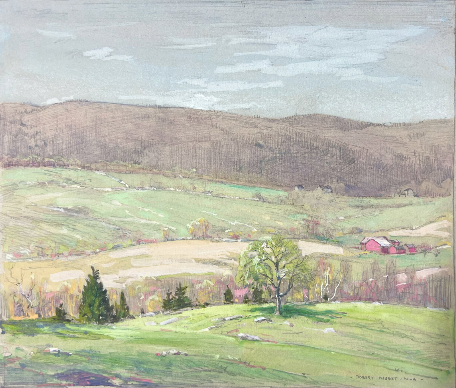 Robert Nesbit "Landscape": Watercolor and gouache on paper. 11 x 14 inches. Signed lower right.