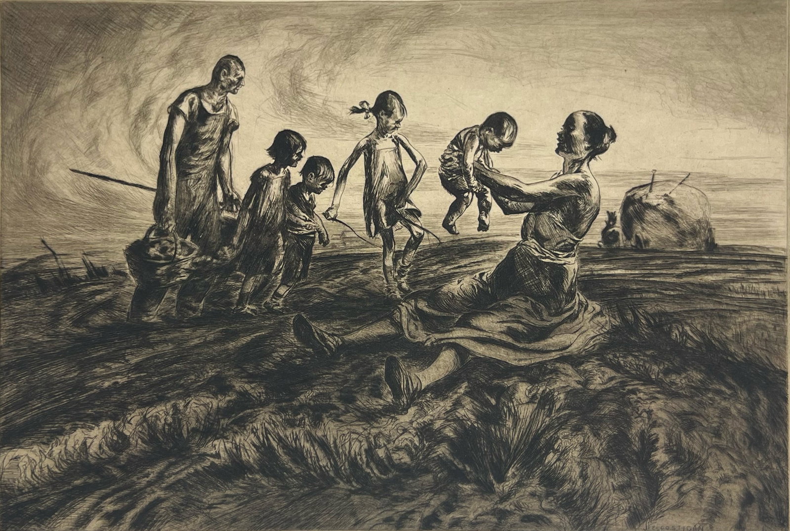 John Costigan (Lot of 2) "Group of Figures" & "Boy with Cows": John Costigan lot of 2 etchings. #1: Group of Figures. #2: Boy with Cows. Group of Figures: (Plate: 9x14 in. Sheet: 12.5x17.25 in). Boy with Cows: (Plate: 10x12 in. Sheet: 13.5x16 in). Both works are