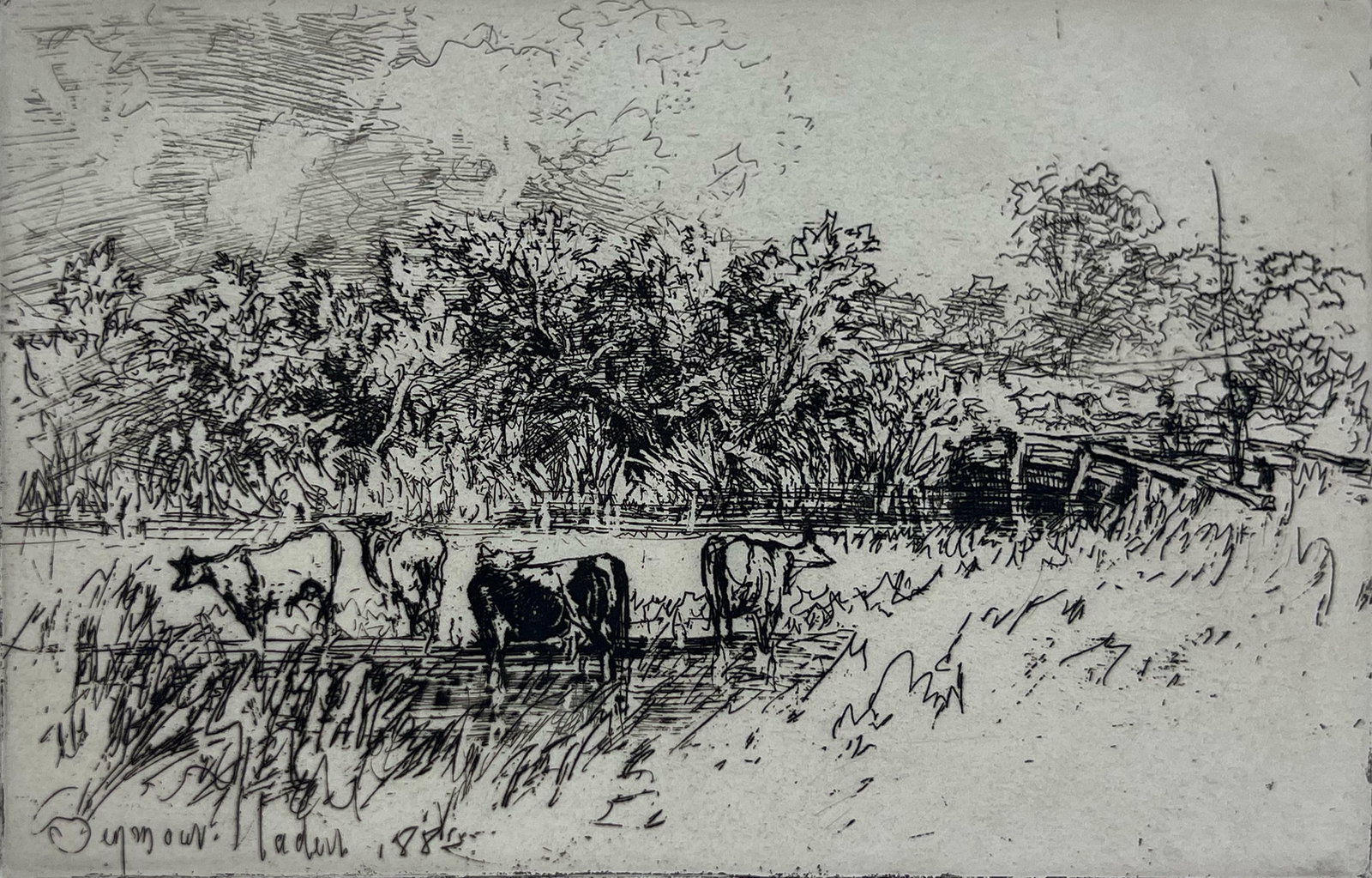 Seymour Haden "The Four Cows": 1882. Etching. Plate: 5.5 x 8.5 inches. Sheet: 7 x 10 inches. Signed.