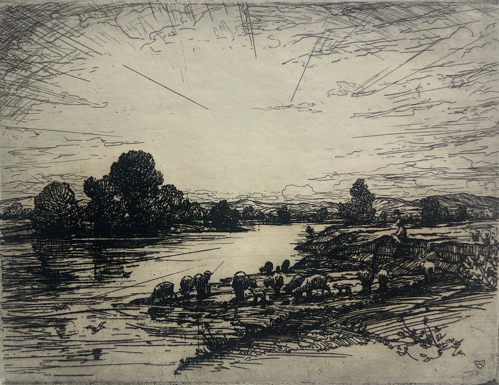 Hans Kleiber (Lot of 3): Hans Kleiber lot of 3 etchings.c#1: Untitled. #2: Milk Cows. #3: Sheep on Paint Rock, Wyoming.#1: Untitled (Plate: 6x8 in. Sheet: 8.5x11.5 in). #2: Milk Cows (Plate: 4x6 in. Sheet: 6x7.5 in). #3: Shee