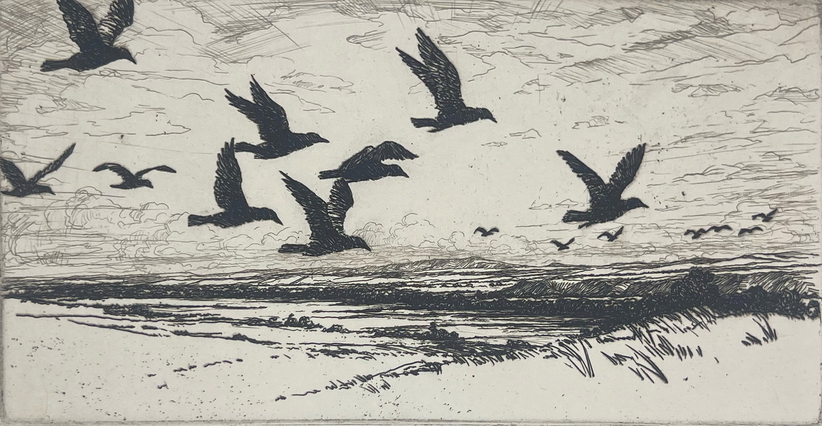 Hans Kleiber (Lot of 2): Hans Kleiber lot of 2 etchings. #1: Crows in the Fall. #2: Evening on the Range. #1: Crows in the Fall (Plate: 5.5 x 9.75 inches. Sheet: 15 x 12.5 inches). #2: Evening on the Range (Plate: 6.25 x 9.5 