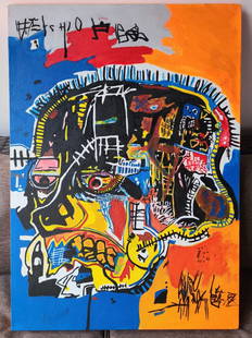 JEAN-MICHEL BASQUIAT OIL PAINTING ON CANVAS SIGNED AND SEALED: Jean-Michel Basquiat (December 22, 1960 â€“ August 12, 1988) MEASURES UNFRAME: 50cm X 70cm