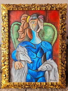 PABLO PICASSO OIL PAINTING ON CANVAS SIGNED AND SEALED: PABLO PICASSO((25 October 1881 - 8 April 1973) MEASURES UNFRAME: 60cm X 40cm / WITH FRAME 75cm x 55cm