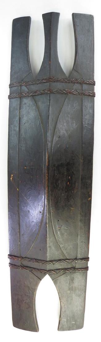 A RARE PHILIPPINES SHIELD: Igorot People, of characteristic form. Carved wood with raised panels to obverse and integral grip to reverse. Strengthened with four plaited rattan bands. Late 19th century. Worn, minor losses. Overa
