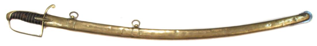 A NAPOLEONIC LIGHT CAVALRY OFFICER’S SABER: French or Austrian, with hussar-type brass hilt, the ribbed leather grip with twisted copper wire wrap. The long, lightly-curved blade with broad central fuller, etched and heavily gilded and blued wi