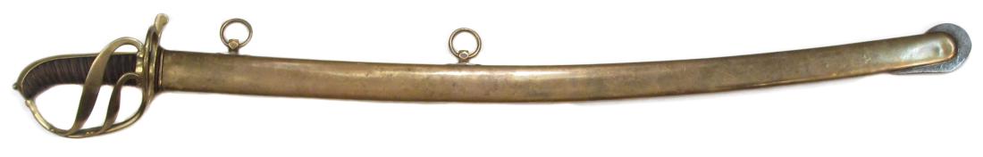 A NAPOLEONIC CAVARY OFFICERS SABER: Likely Prussian, with three-bar guard and ribbed leather grip with twisted copper wire wrap. The exceptionally long, lightly-curved blade with broad central fuller etched with stands of arms and flowe