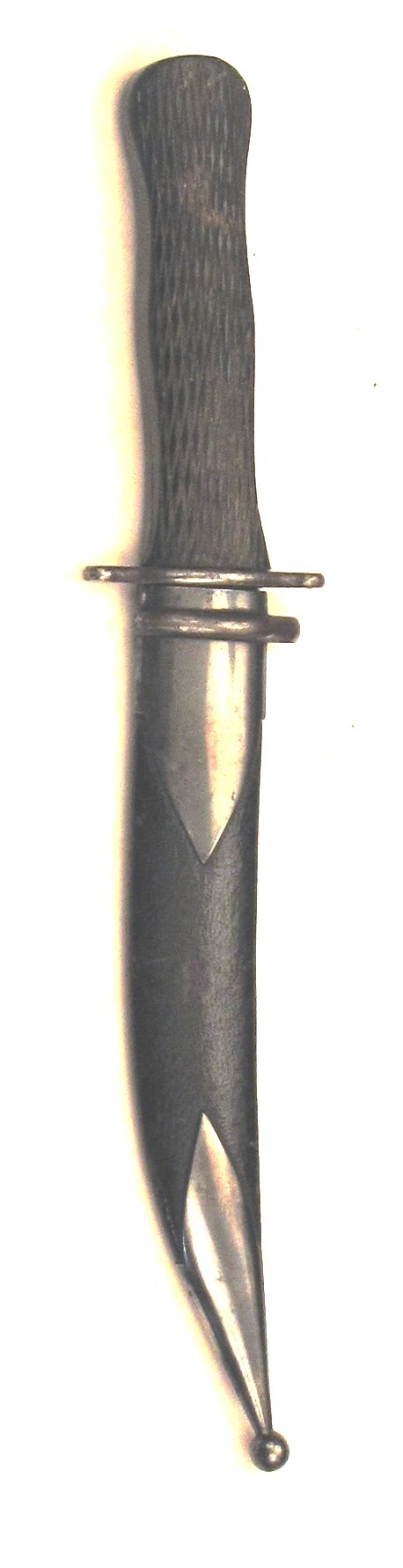 An Imperial Russian Hunting Dagger: Of Bowie knife form, the chequered one-piece grip of black walnut with rounded pommel and initials carved to one side, with simple steel guard with rounded quillons. The bebut form blade retaining muc