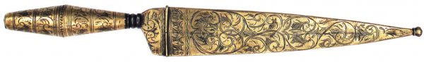 A MEDITERRANEAN DAGGER: Possibly Spanish, the wooden grip of plug-form mounted in engraved brass with large bolster. Broad, single-edged engraved blade with substantial backedge and two short fullers to either side with an i