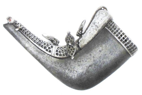 A PERSIAN PRIMING FLASK: Elegantly forged in the form of a small horn in fine Persian black wootz damascus steel,the pierced mounts with duck head finial, the eyes inlaid. Late 18th-early 19th century. Cap replaced. Overall l