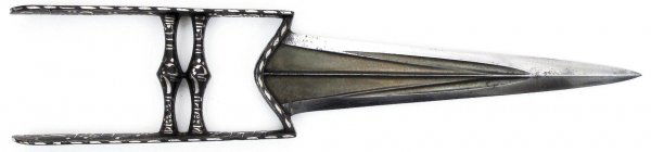A KATAR DAGGER OF THE MUGHAL EMPEROR MUHAMMAD SHAH: A fine and important dagger , the hilt of blackened steel inlaid on each surface with Arabic phrases glorifying God, the Prophet Muhammad, and 'Ali, the hero of Islam, all finely executed in silver, a