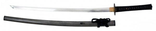 A JAPANESE LONG SWORD KATANA WITH CUT-TEST ATTESTN: An important example with Edo Period mounts, the grip with black-lacquered same and leather lacing, the kashira of black horn, the shakudo fuchi and menuki with floral motifs. Sukashi tsuba with pierc
