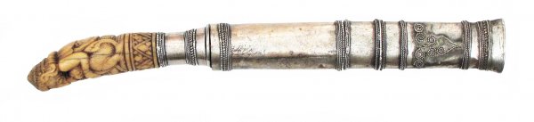 A BURMESE DAGGER DHA: With elaborately carved hilt involving a fanged demon holding a supplicant in its arms. The single-edged blade with slight forward curve, wooden scabbard mounted in silver with beaded bands and filigr