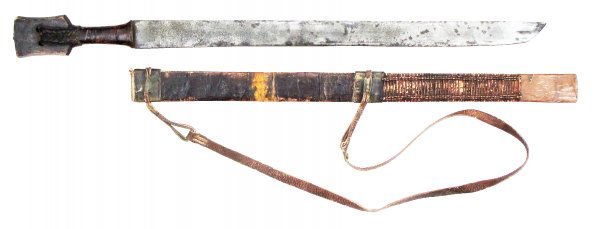 A HIMALAYAN SWORD DPA' DAM: A good example of Bhutanese workmanship, the waisted grip covered with leather, the pommel flared and rectangular. The typical blade straight, broad and single-edged with radiused cutting tip. The woo