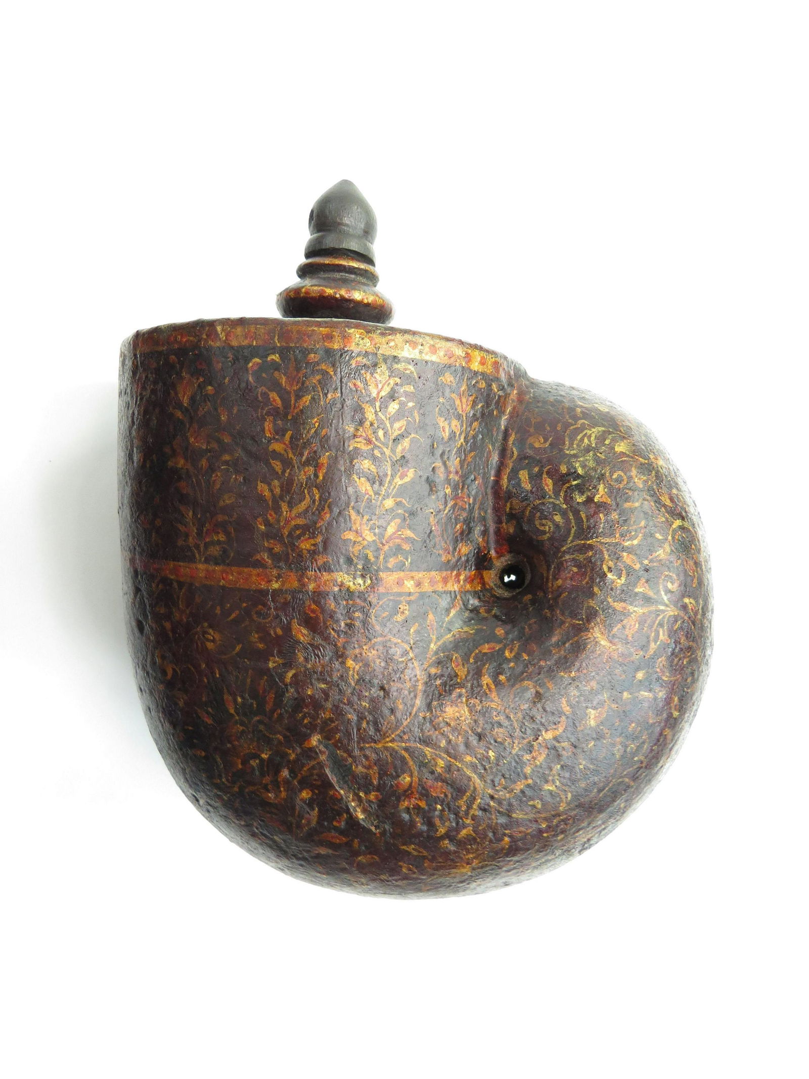 A MUGHAL BARUTDAN POWDERHORN: The wooden body superbly lacquered in intricate flowering vinework, gold on a dark ground with geometrical borders. Mid-18th century. Minor wear. Overall height 18.5cm. Condition III