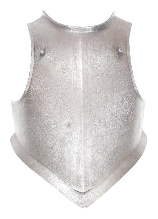 A CROMELLIAN BREASTPLATE: Forged of a single section of thick steel, with pronounced median ridge and flanges at the neck and shoulders openings as well as the waist.Shot-proof to the right breast.Mounted on its wooden stand w
