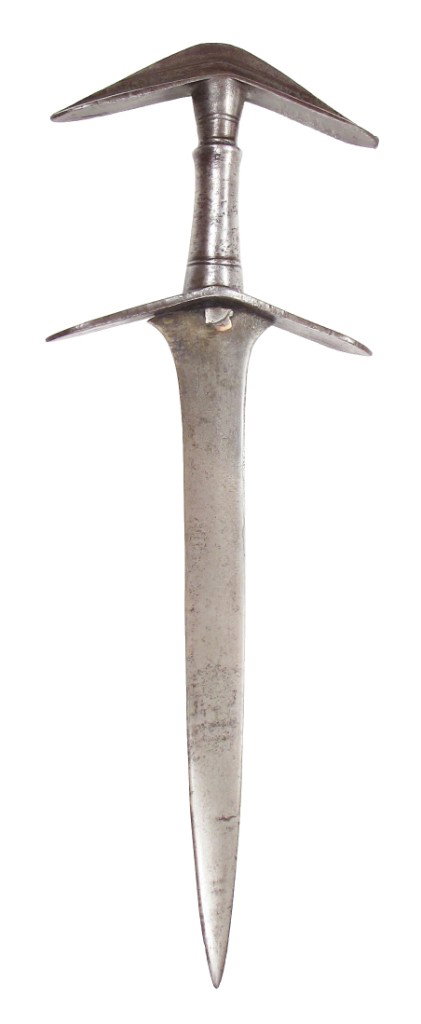 A RARE INDIAN CHILANUM DAGGER: Of Rajput type, very well preserved. The hilt composed of a large, downswept pommel and guard, with a cylindrical two-stage grip. With elegant leaf-form blade forged of fine, actively-grained wootz. E