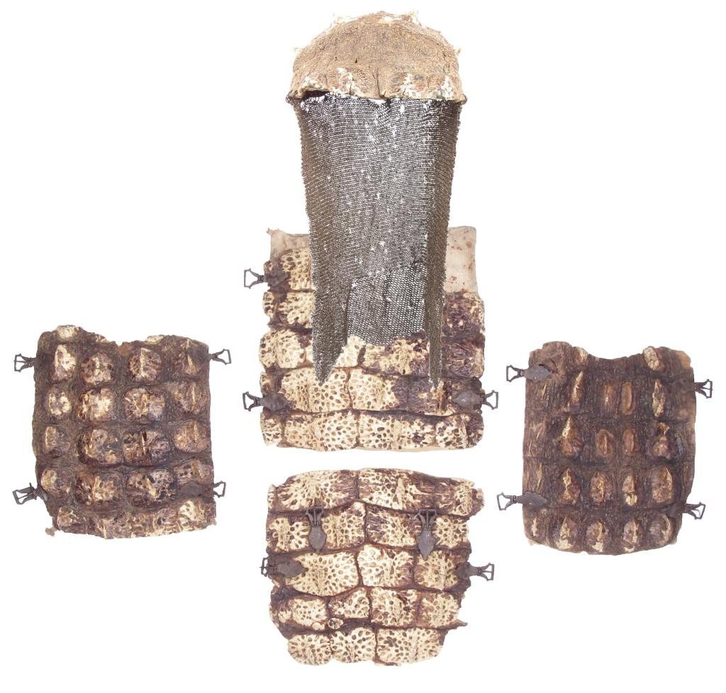 AN IMPORTANT SET OF NORTH INDIAN ARMOR: Comprising a helmet and char aina or four body plates, formed entirely of saltwater crocodile hide. The helmet molded from the cranial section with brow ridges intact, the camail wrought of extremely 