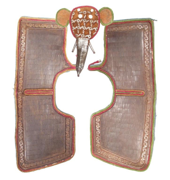 A RARE NORTH INDIAN HORSE ARMOR: Very seldom encountered, comprising a chanfron and two panels of barding which protect the horse quite completely, each covered in hundreds of steel lamellar plates with profiled edges, the pierced st