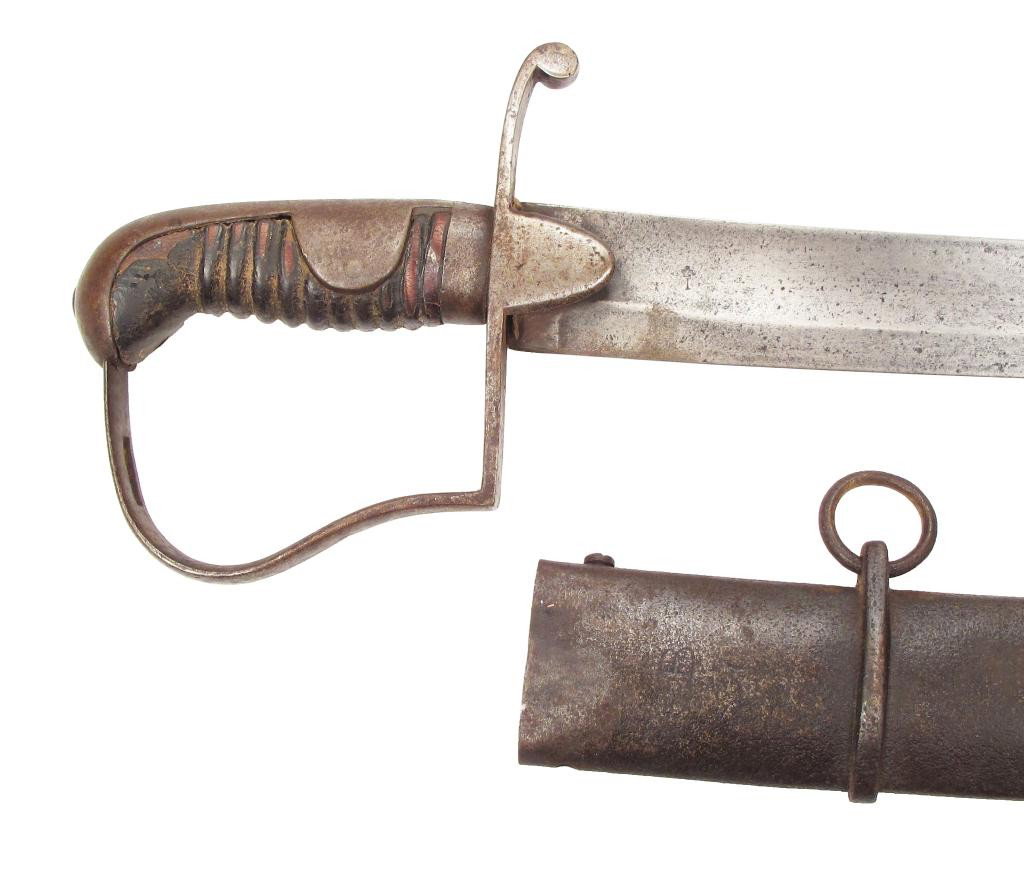 A BRITISH M 1796 LIGHT CAVALRY SABER: Of classic form with steel stirrup hilt and leather-covered wooden grip. The lightly curved, single-edged blade with hatchet tip and broad fuller, struck with a crowned 1 at the right forte. In its st