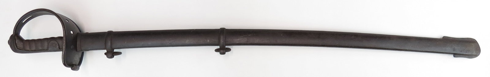 A PRUSSIAN M 1850 HEAVY CAVALRY SABER: A massive weapon, the black japanned steel hilt with large pierced steel guard struck, C. JURMANN 1856 and leather-covered wooden grip. The robust blade curved and fullered, with spear tip, struck at 