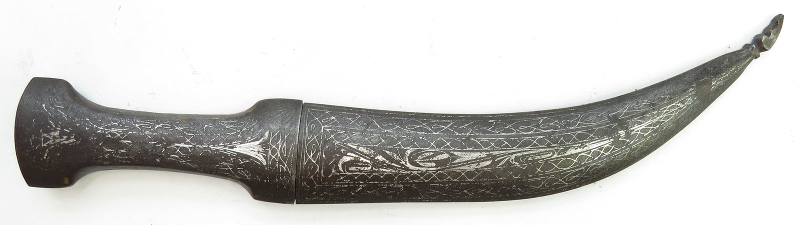 A SYRIAN KHANJAR DAGGER: With steel hilt and scabbard inlaid in silver. The rare blade with waved, forked tip of Zulfikar form. 19th-20th century. Worn. Overall length 33cm / 13". Condition III