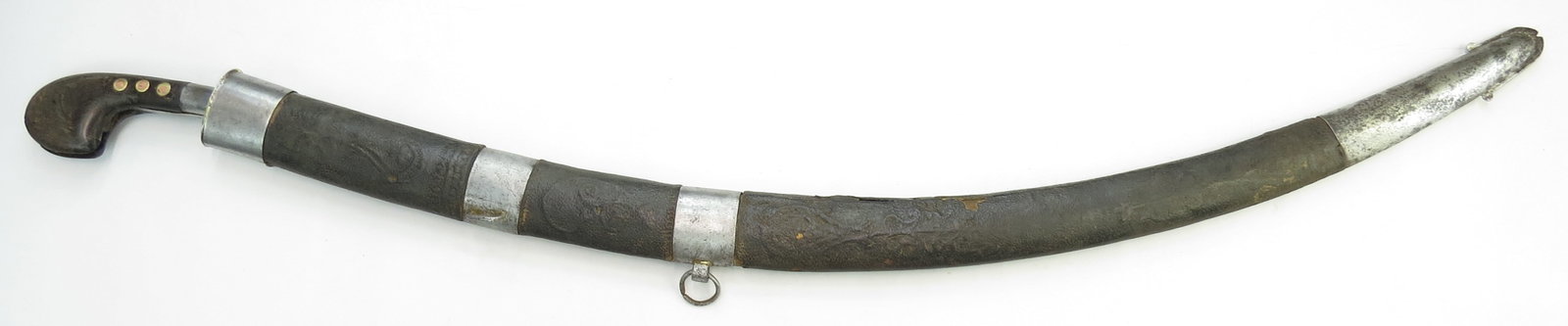 AN AFGHAN SHASHKA-TYPE SABER SWORD: A rare form, displaying design characteristics derived from both Central Asian sabers and the Cossack shashka. The horn grips with characteristic pommel and steel bolster, the heavy, single-edged blad