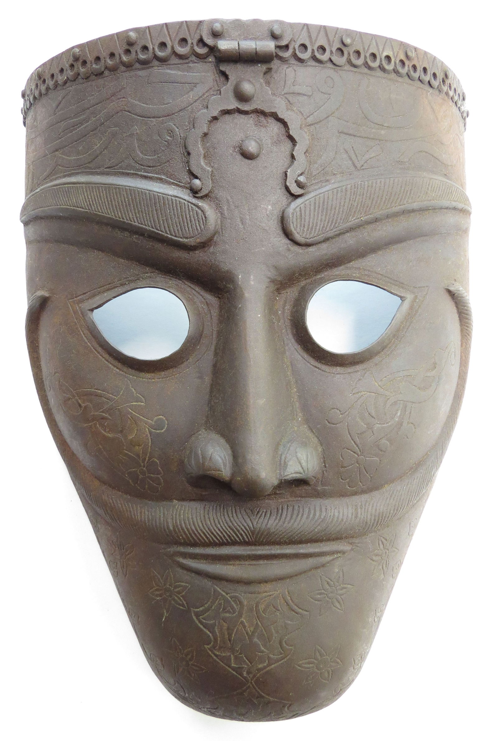 A RARE STEEL GOLDEN HORDE REPLICA HELMET MASK: Handwrought of steel, with finely-modeled features and pronounced mustache decorated with interlacing panels and separately applied profiled and pierced mount to upper terminal. 20th century. Minor we