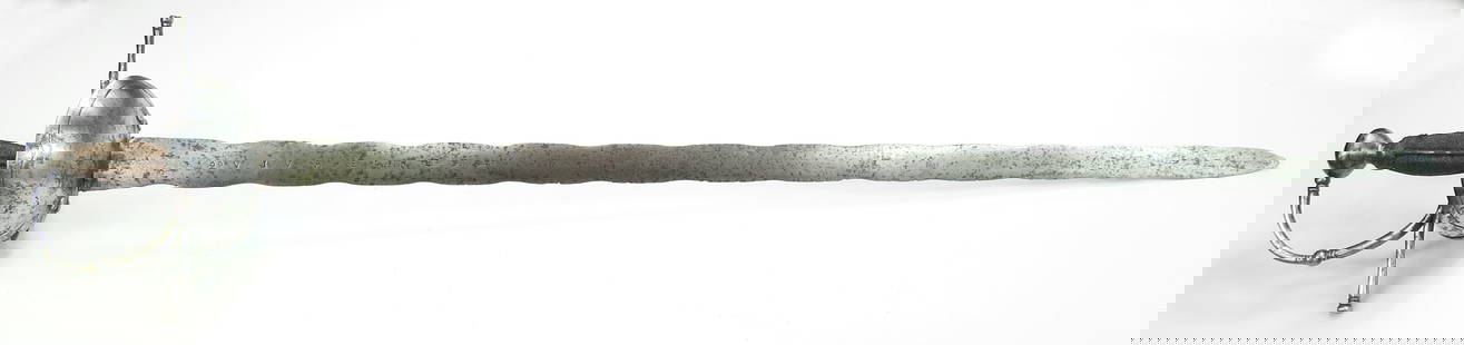 A PORTUGUESE RAPIER SWORD: An earlier type, hilt with large clamshell guards with incised borders retained by four screws and long, straight quillons. Retains its copper wire-wrapped grip with steel braces. The long, broad blad