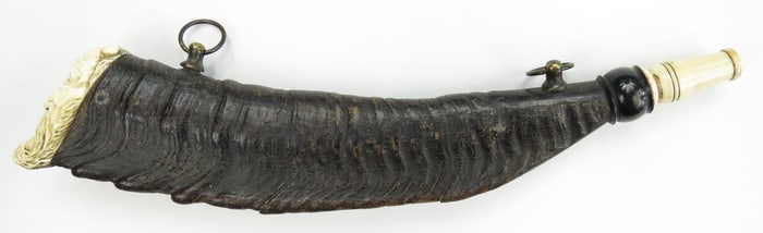 A RARE FRENCH SATANIC POWDERHORN