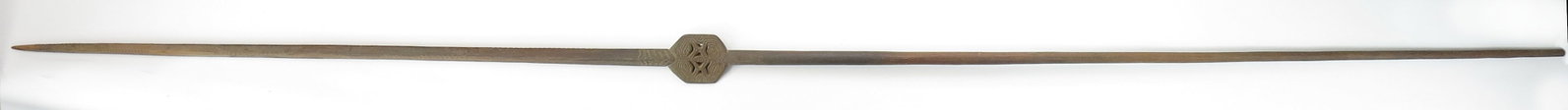 A RARE PAPUA NEW GUINEA SPEAR: Of exceptional length, carved of a single section of wood, with expanded guard of angular form, pierced and incised. 18th-19th century. Minor wear. Overall length 250.4cm/ 98.5 inches. Condition II