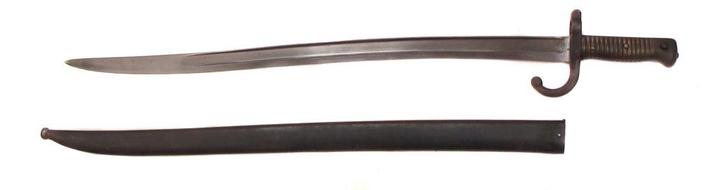 A FRENCH CHASSEPOT M1866 BAYONET: With yataghan-form blade. Numerous marks to blade and hilt, dated 1874 on spine. In its steel scabbard.Latter 19th century. Some wear. Overall length 71 cm. Condition II