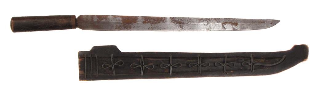 A RARE TAIWANESE SHORTSWORD: With wooden grip and single-edged blade.In its scabbard with applied bands. Early 20th century. Light wear. Overall length 63.4 cm. Condition II