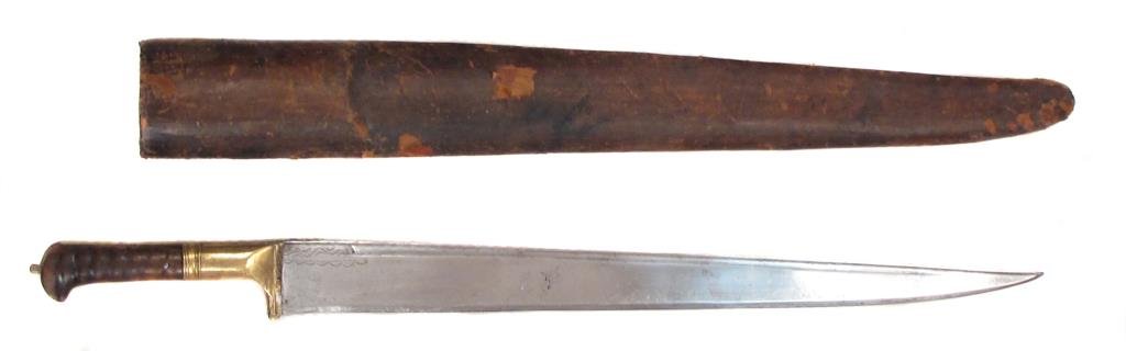 A SALAWAR SWORD KHYBER KNIFE: With ribbed grips and broad steel blade.In its leather-covered wooden scabbard. First half of the 19th century.Overall length 62 cm. Condition II