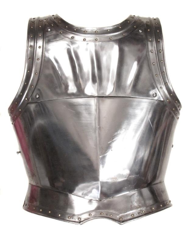 A BREAST & BACKPLATE ARMOR: Steel, with fluted panel to breast and brass rivets.Mid-late 20th century. Light wear. Height 48.9 cm. Condition II