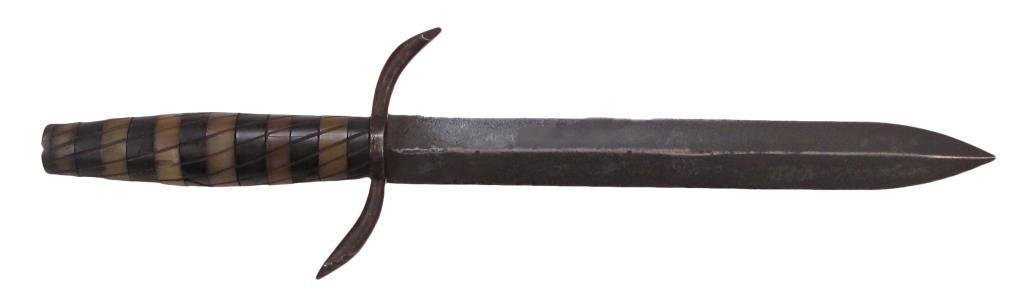 A PHILIPPINES FIGHTING KNIFE: Katipunan era, the grip made up of alternating sections of dark and light horn cut with spiraling grooves. The guard and pommel of steel, the straight, double-edged blade with central ridge very robus