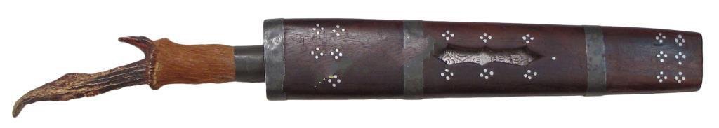 A CAMBODIAN DAGGER: Staghorn grip with well-forged and engraved blade. In its hardwood scabbard with stud decoration. Early 20th century. Overall length 39.6 cm._x000D_ Condition II_x000D_