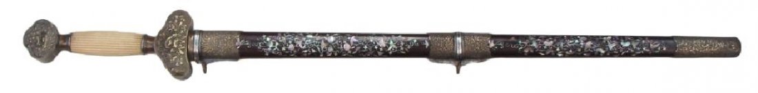 A RARE VIETNAMESE KIEM SWORD: A very rare type of characteristic form, the silver and brass-mounted hilt with finely embossed and engraved pommel, guard and ferrules, with reeded bone grip. Straight, double-edged, bifullered blade