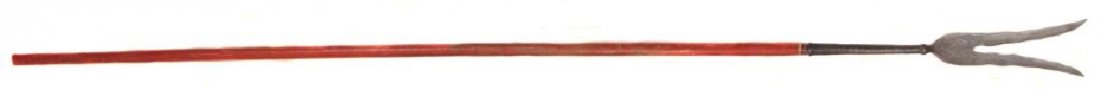 A PERSIAN BIDENT SPEAR: The bifurcate blades springing from a triangular forte, each forged with flamboyant edges, the forte etched with a silver-inlaid floral panel to either side. Socket of expanded, faceted form with roun