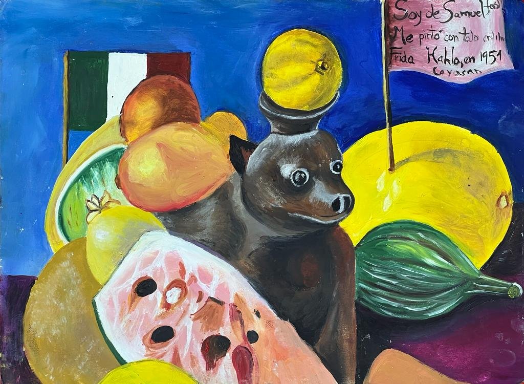Frida Kahlo (Oil on Paper Painting) In the style of: Oil painting on paper, Rendered in the Modernist style of Frida Kahlo. Measures: 9” x 12.5”. This lot is accompanied by a certificate Provenance:Private Collection of Mexico. "In the style