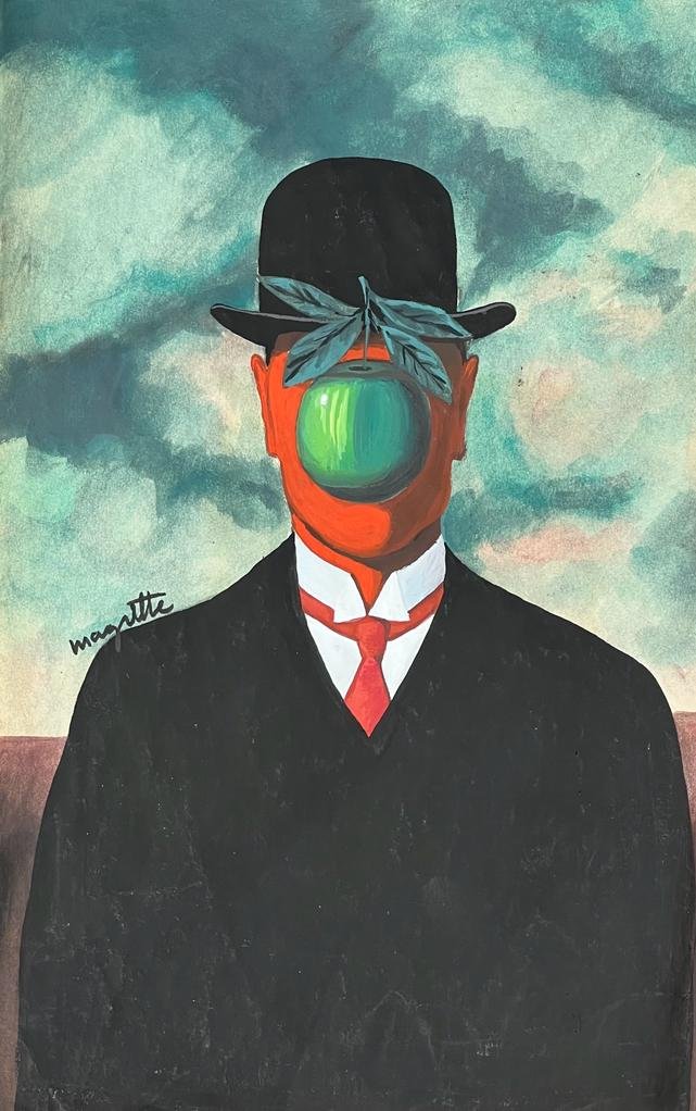 Rene Magritte (Mixed media on Paper Painting) In the style of: Mixed media painting on paper, Rendered in the style of Rene Magritte. Measures: 8.5” x 13”. This lot is accompanied by a certificate Provenance:Private Collection. "In the style of" means