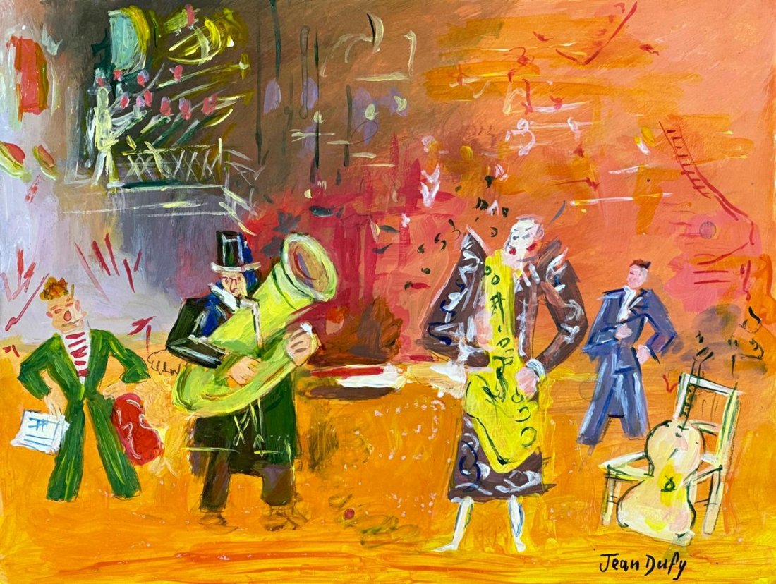 Jean Dufy (Mixed Media on Paper Painting) In the style of: Mixed Media drawing on paper, Rendered in the Modernist style of Jean Dufy. Measures: 9” x 11”. This lot is accompanied by a certificate Provenance:Private Collection. "In the style of" me