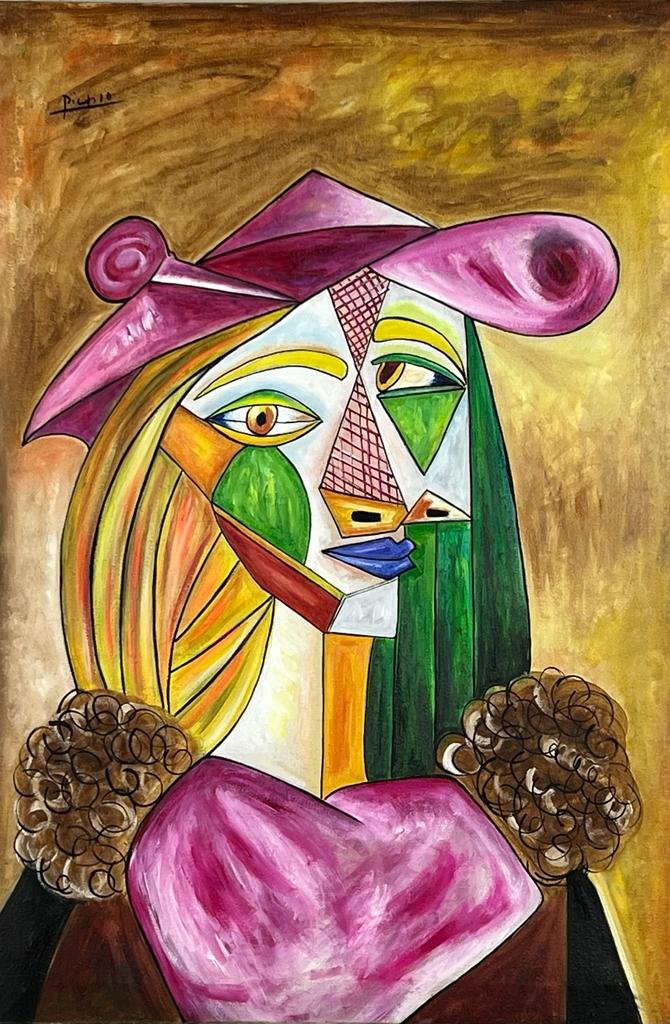 Pablo Picasso spanish (Oil on Canvas painting) In The Style Of: Handmade painting in mixed technique, oil on canvas and mixed art, rendered in the style of Pablo Picasso. Measures: 15.5 x 23.5 inches aprox. This painting is accompanied by a certificate.Provenance:
