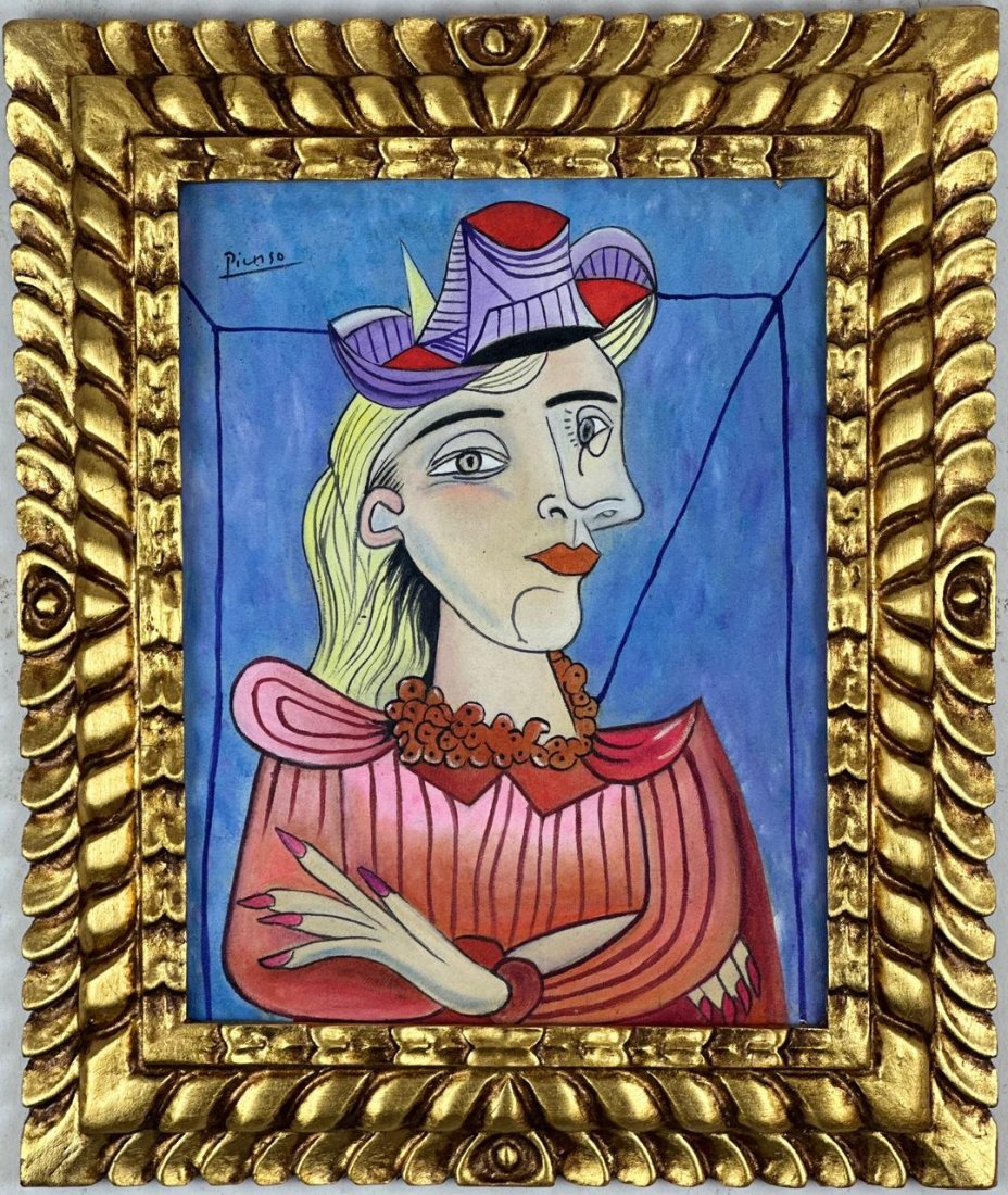 Pablo Picasso Spanish (Oil on Canvas painting) In The Style Of: Oil on canvas painting, rendered in the style of Pablo Picasso. Measures: 15” x 19" aprox. This painting is accompanied by a certificate.Provenance: Private Collection Europe.Painting is framed.