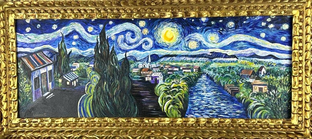 Vincent van Gogh Dutch (Oil on Canvas painting) In The Style Of: Oil on canvas painting, rendered in the style of Vincent van Gogh. Measures:12 x 31.5 inches aprox. This painting is accompanied by a certificateProvenance: Private Collection.The painting comes frame