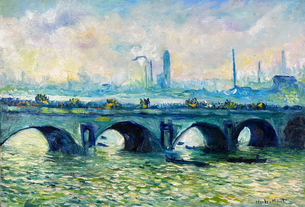 Claude Monet French (Oil on Canvas Painting) in the style of: Beautiful Oil on canvas painting,Rendered in the style of Claude Monet. Technique: Oil on Canvas painting. Measures: 15.5 x 23.5 Inches aprox. Provenance: Private collection France"In the style of" me