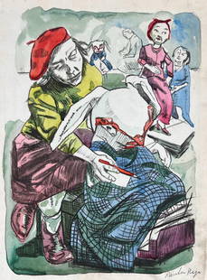 Paula Rego (Mixed media on Paper Painting) In the style of: Mixed media painting on paper,Rendered in the style of Paula Rego. Measures: 8&rdquo; x 11&rdquo; Inches aprox. Provenance: Private Collection."In the style of" means after the artist. Lived between (