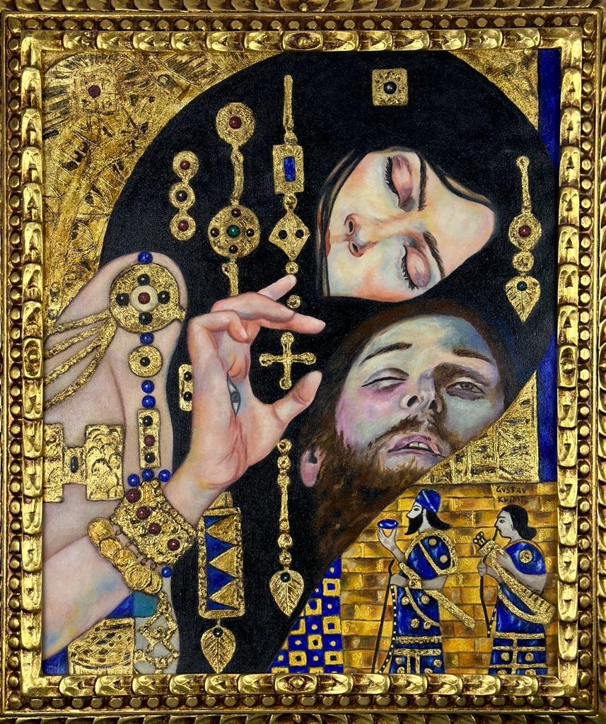 Gustav Klimt (Oil on Canvas Painting) in the style of: Rendered in the Style of Gustav Klimt.Technique:Oil on Canvas painting with bronze leaf. Measures: 25 x 29 Inches aprox. Provenance:Private collection."In the style of" means after the artist. The pai